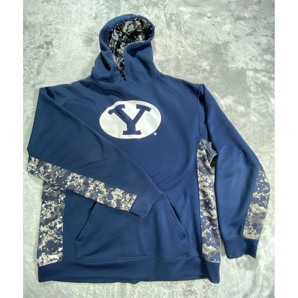 BYU Cougars Hoodie Mens Large Blue Camo Badger Sport Kangaroo Pockets Pullover